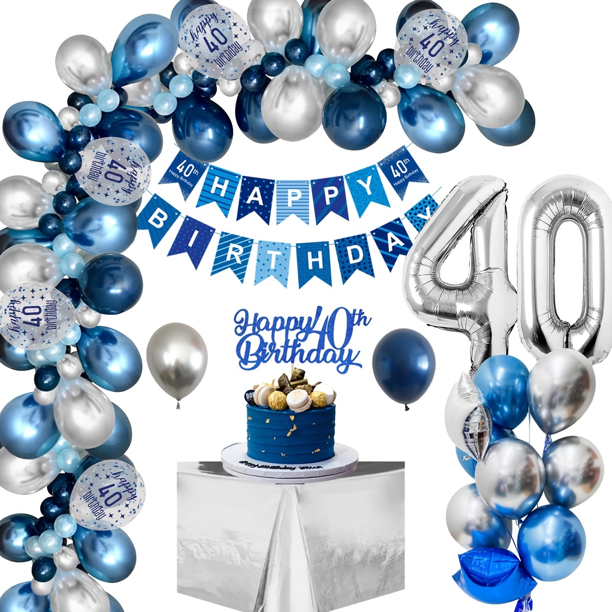 Decoration Anniversaire 40 ans, Ballon 40 ans Bleu Argent, Anniversaire  Bannière Confettis Argent pour Deco Anniversaire 40 ans Homme Femme
