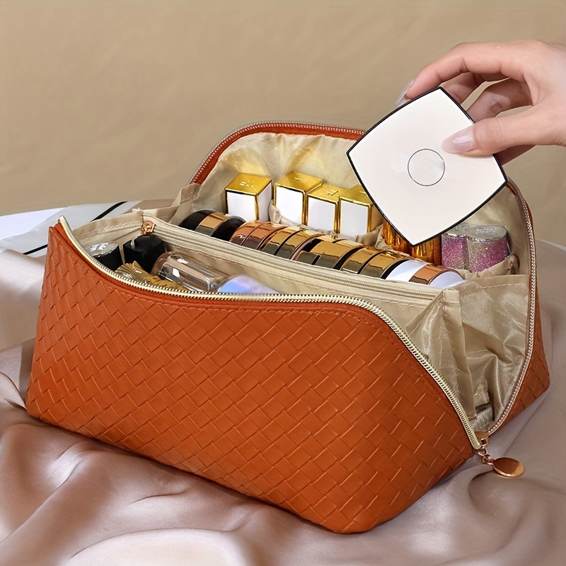 Katadem Travel Makeup Bag,Large Opening Makeup Bag,Portable Makeup Bag Opens Flat for Easy Access, Toiletry Bag,PU Leather Makeup Bag,Large Cosmetic