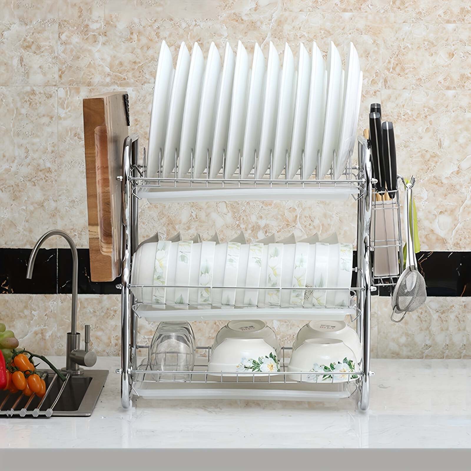 3 Tier Dish Drainer Rack With Drip Tray Stainless Steel Sink - Temu