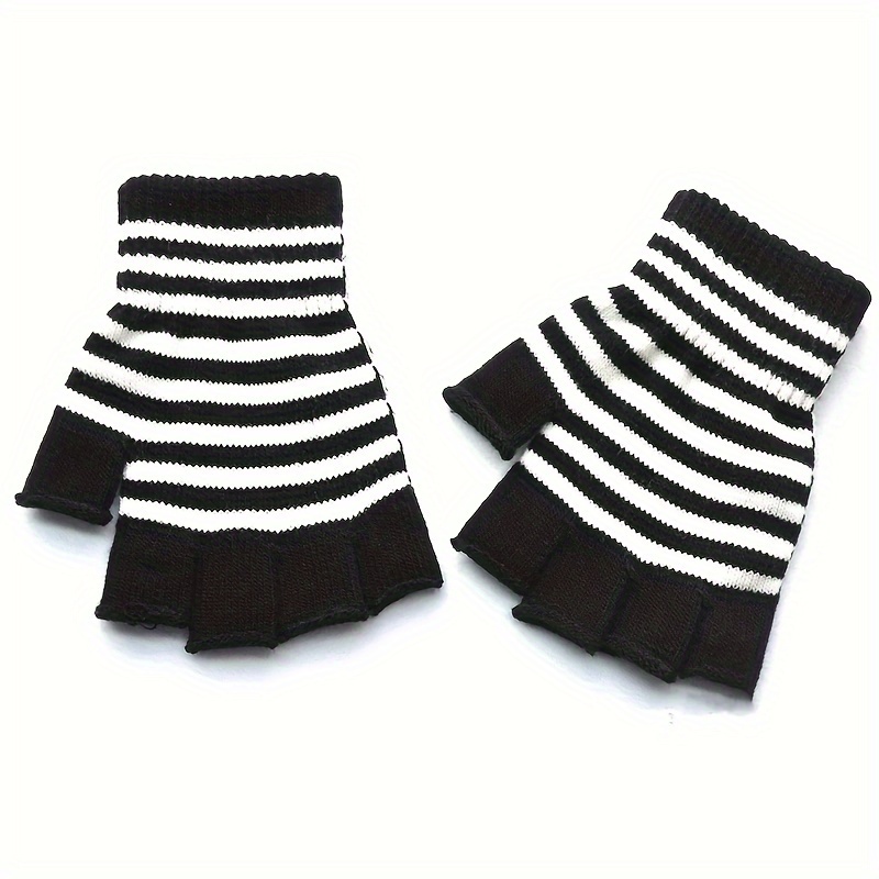 TEMU Autumn And Winter Women's Half-finger Gloves - Black And Gray Striped Thermal Winter Gloves, Elastic Touchscreen Compatible For Cycling, Outdoor