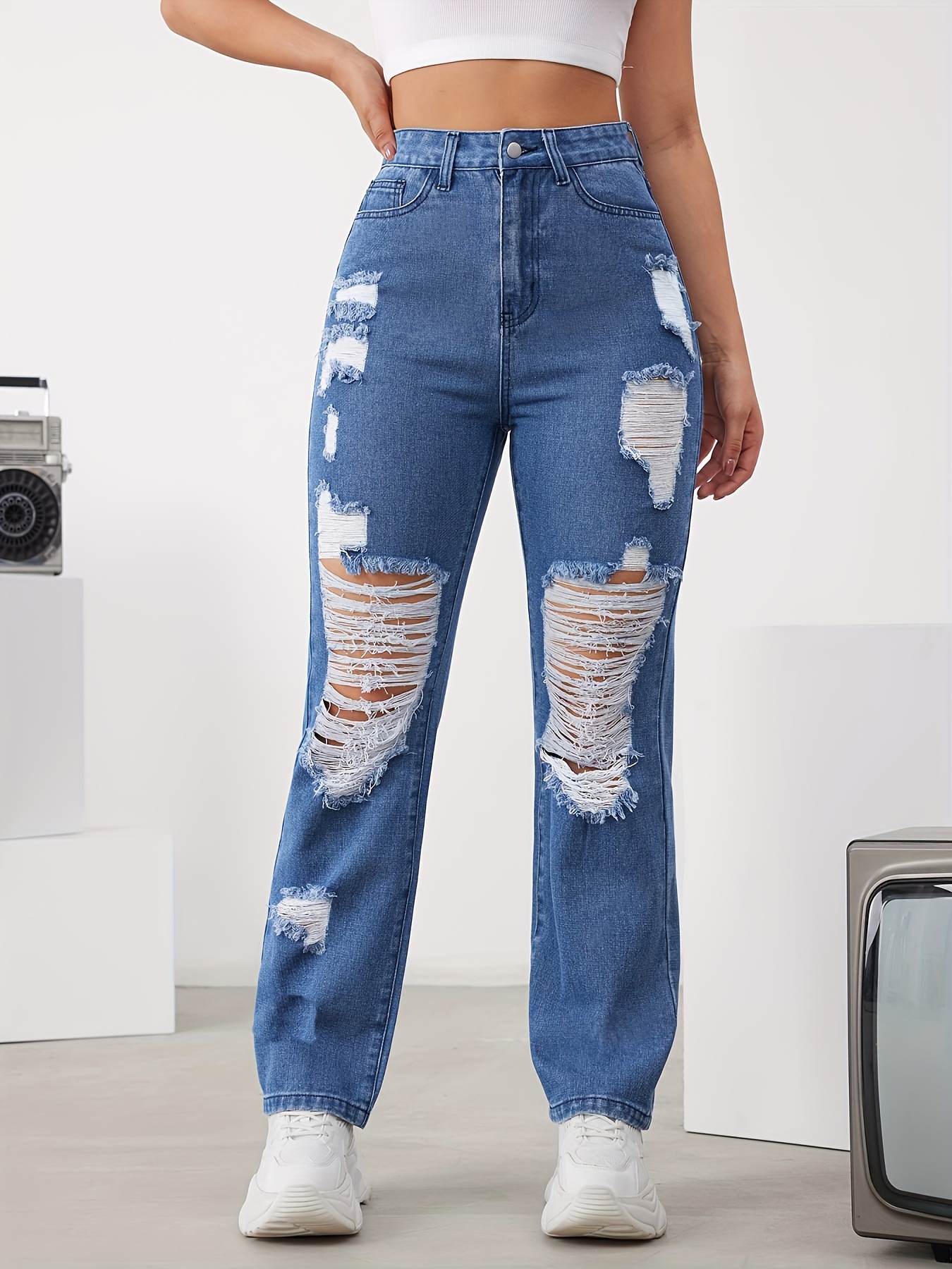 Plus Size Fashion Jeans, Women's Plus High Rise Hollow Out Slight Stretch  Denim Jeans