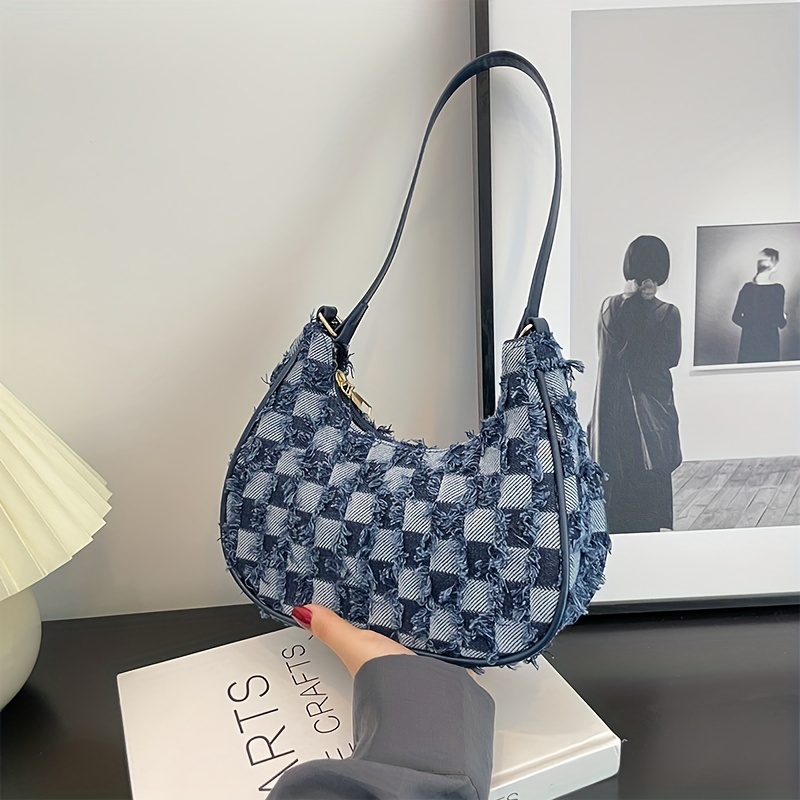 Vintage Denim Checkered Crescent Bag Fashion Simple Underarm Bag