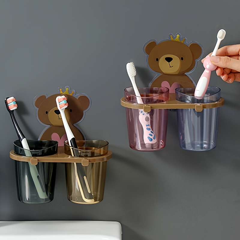 

1set Toothbrush Holder With Gargle Cup, Wall Mounted Toothbrush Storage Rack, Punch-free Bathroom Storage Organizer, Cute Bear Toothbrush Holder With Toothbrush Cup, Bathroom Accessories