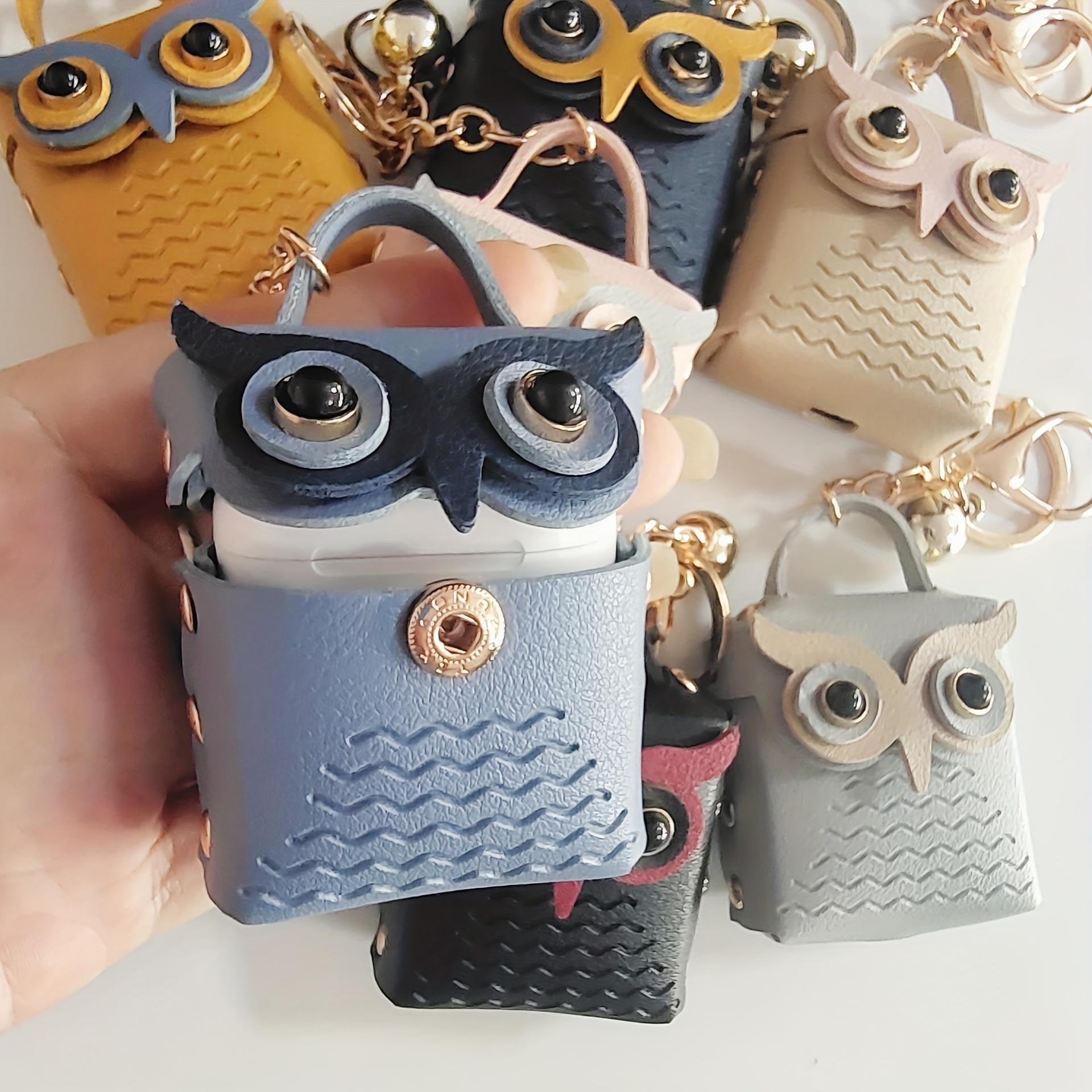 Leather Lovely Owl Keychain Coin Purse Headphone Bag Rhinestone