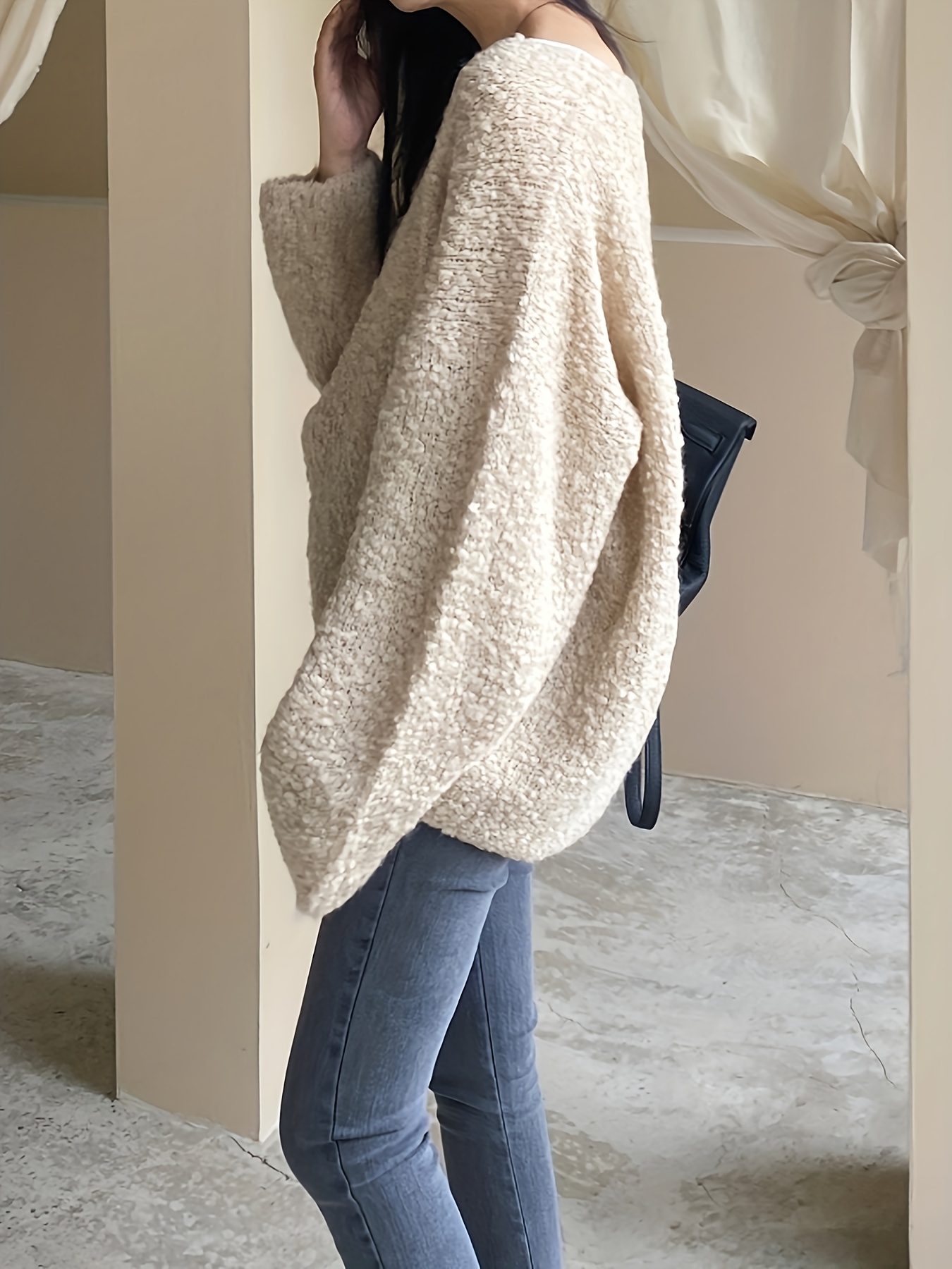 Solid V Neck Fuzzy Oversized Sweater Casual Long Sleeve Soft - Temu