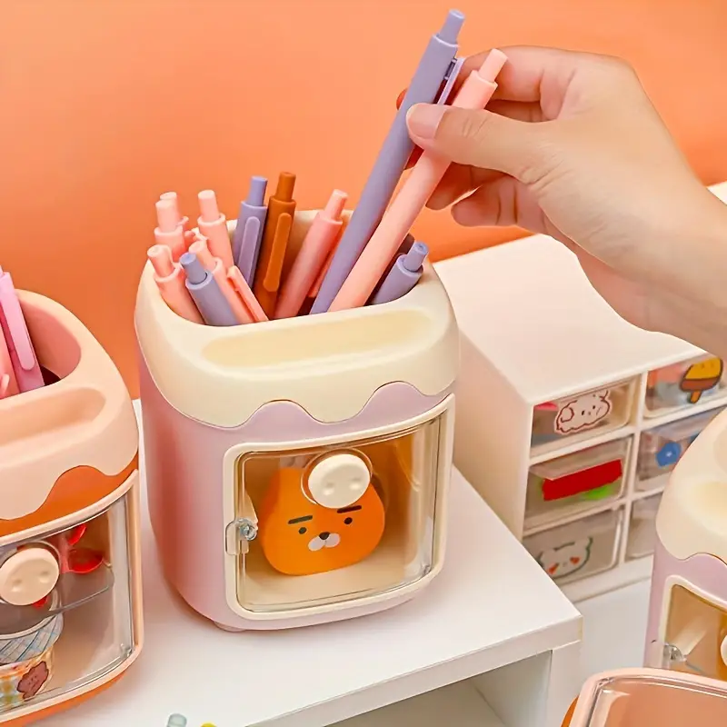 Kawaii Pen Holder With Stickers Cute Cosmetic Storage Bucket - Temu