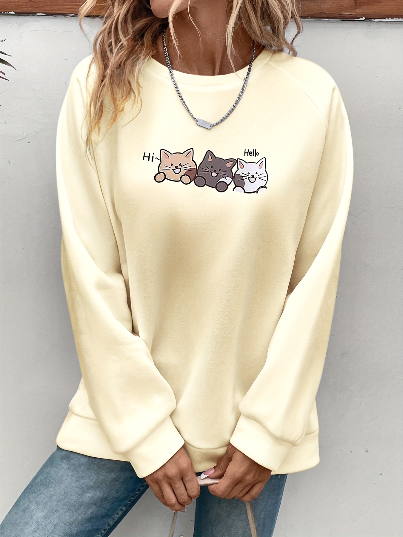 Cute Cat Print Crew Neck Sweatshirt Casual Long Sleeve - Temu