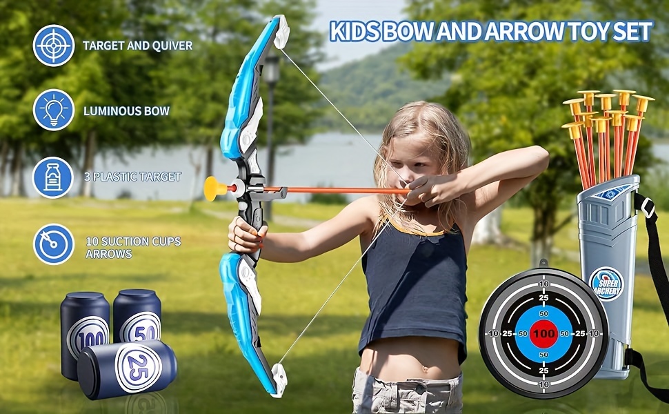 Juego de arco de tiro con arco y flecha para niños y niñas, juguete con 3