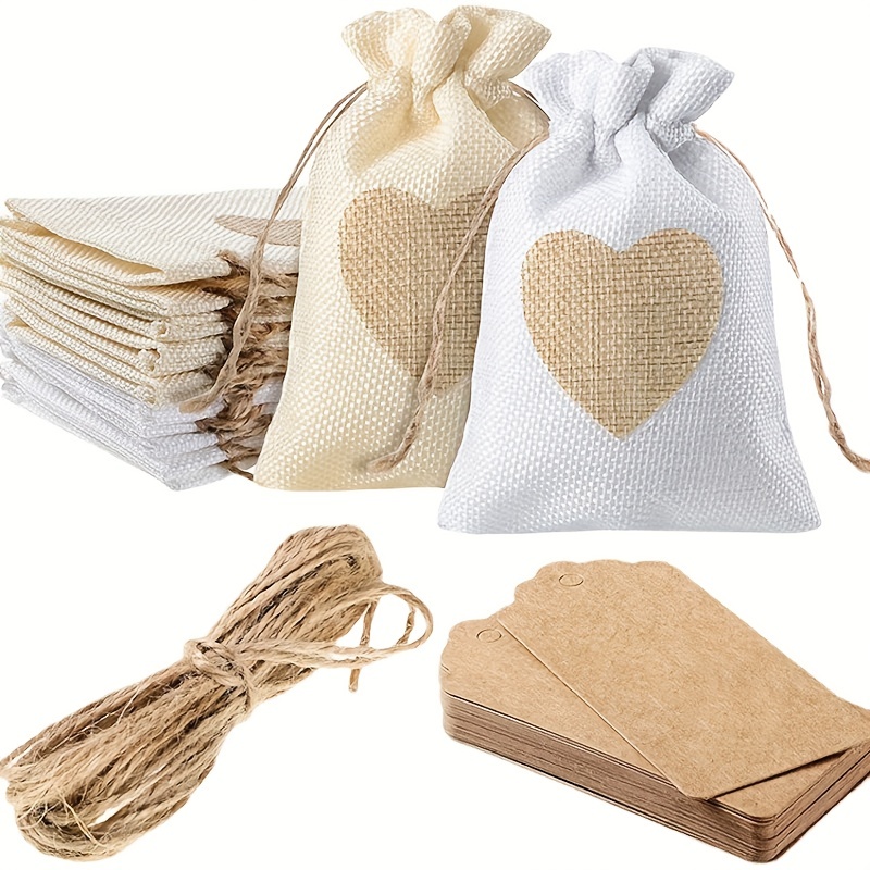 

21pcs, Heart Burlap Bag With Thank You Tag Drawstring Gift Bags Candy Pouches Linen Gift Pockets For Valentine's Day Wedding Easter Christmas Halloween Thanksgivings New Year