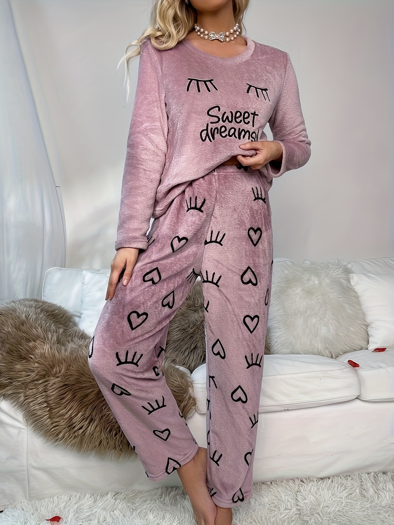 Eyelash Pattern Flannel Pajamas Set Long Sleeve Tops Pants - Temu