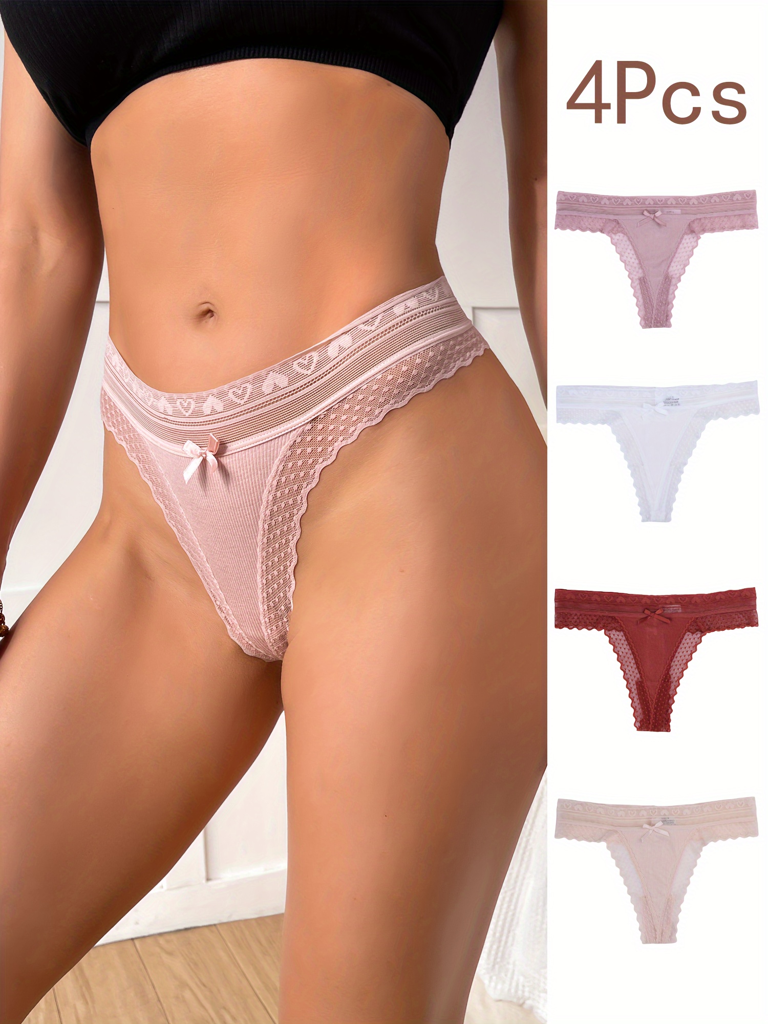 6pcs Contrast Lace Thongs, Soft & Comfy Stretchy Intimates Panties, Women's  Lingerie & Underwear