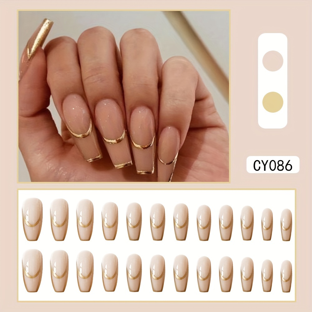 Coffin Press On Nails Long French Tip Fake Nails Nude Glue - Temu