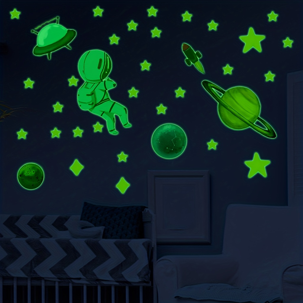 Frunimall Pegatinas de pared autoadhesivas con estrellas, luna y astronauta  cielo estrellado, pegatinas fluorescentes para habitación de niños, niñas