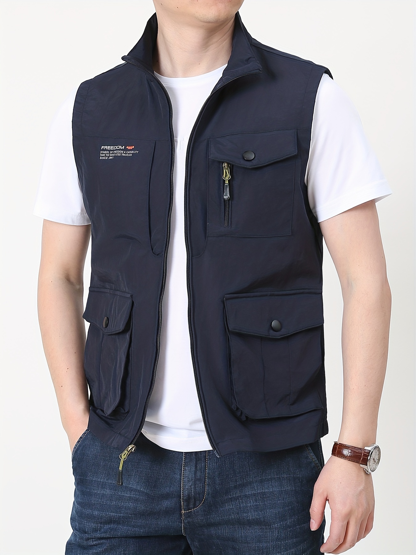 Multi Pockets Cargo Vest Men's Casual Outwear Stand Collar - Temu