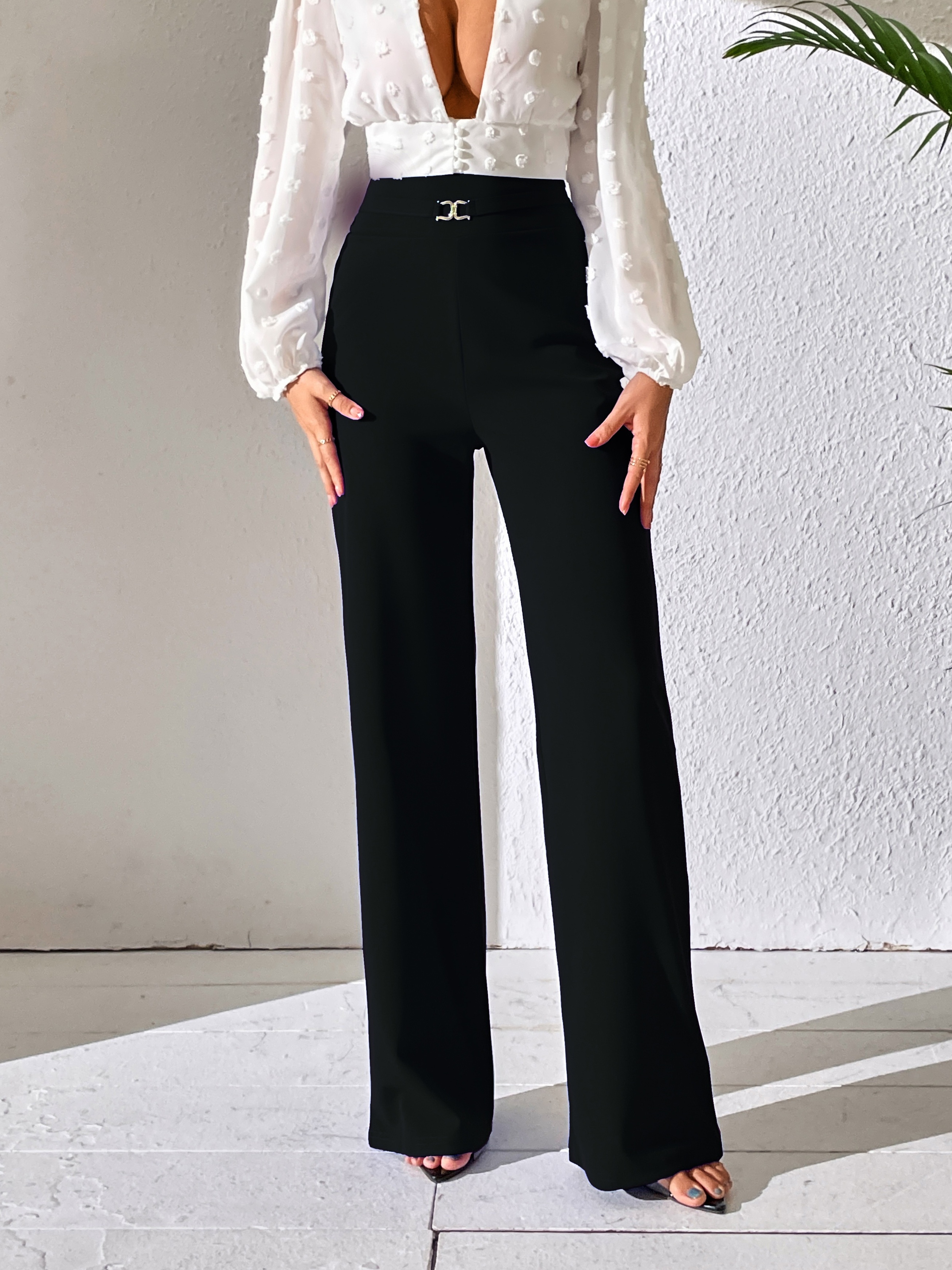 High Waist Tailored Pants Elegant Solid Wide Leg Work Office - Temu