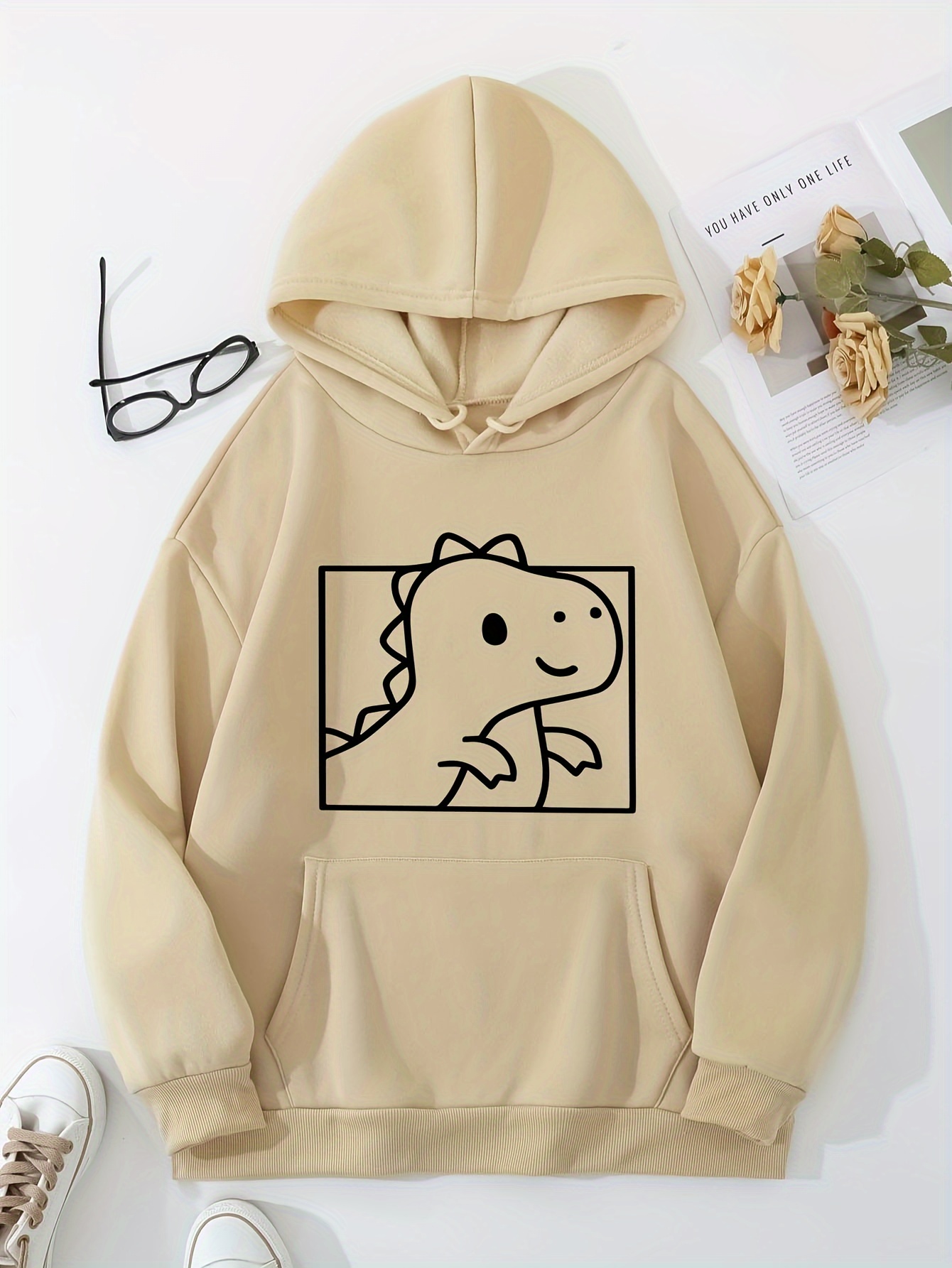 Cartoon Dinosaur Print Hoodie Cute Drawstring Kangaroo - Temu