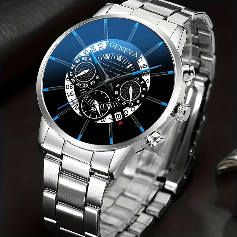 GENEVA - 3 Pcs Watch With Bracelets Set for Men, Luxury Quartz Business  ,Gift