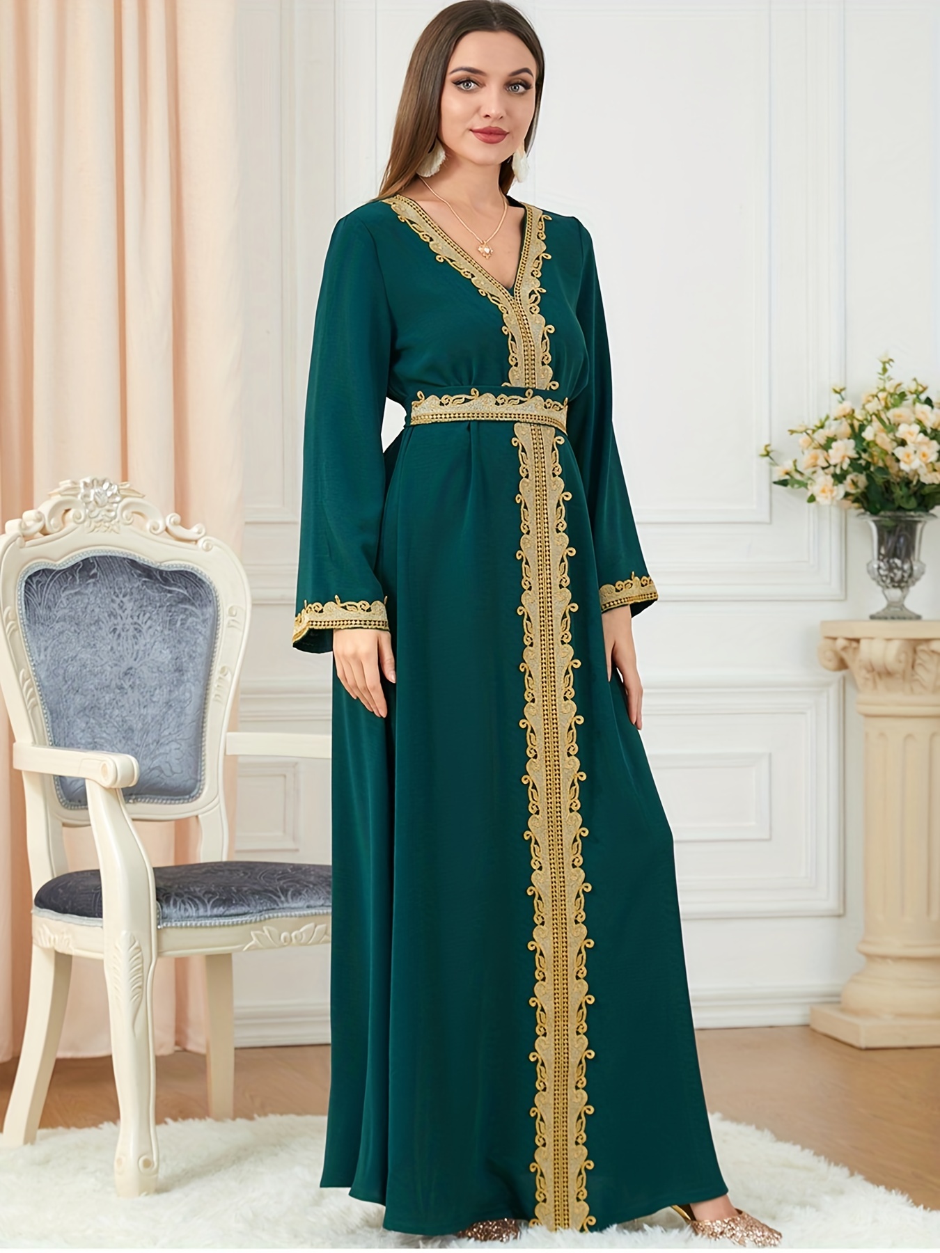 Lace Trim Kaftan Dress Elegant V Neck Long Sleeve Maxi Dress 