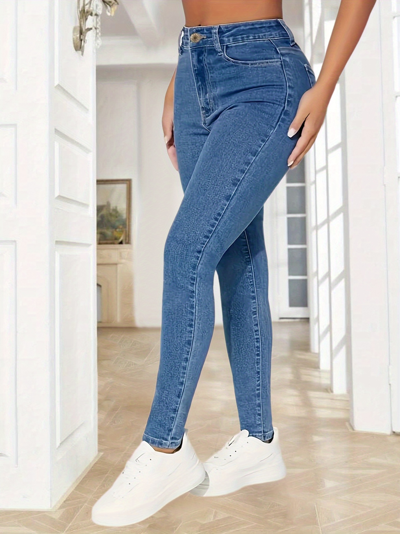 High Waist Curvy Stretchy Skinny Jeans High Solid Color - Temu