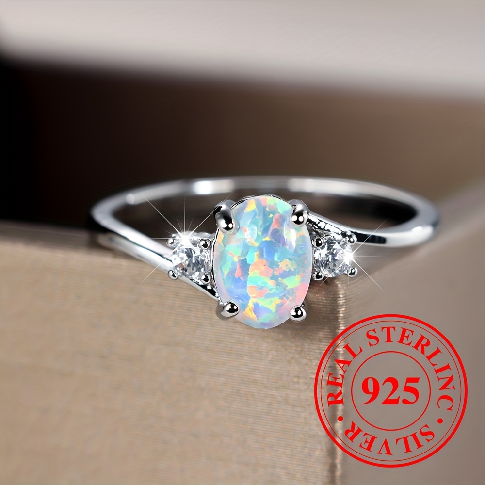 

925 Sterling Silver Ring Inlaid Opal In Egg Shape Match Daily Outfits Party Accessory High Quality Gift For Female Symbol Of Beauty And Pureness