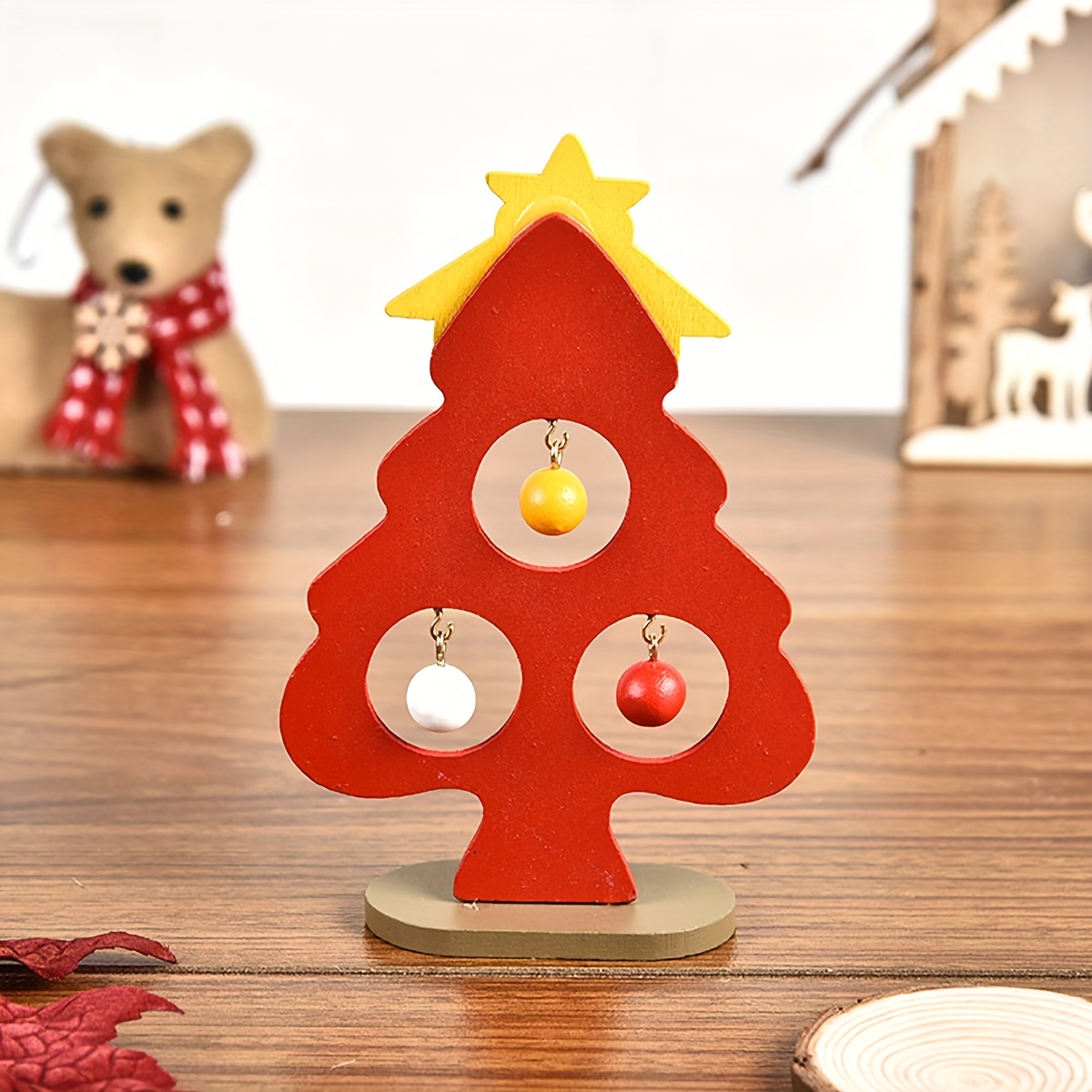 1pc, Wooden Cartoon Christmas Tree Ornaments, DIY Desktop Decoration,  Suitable For Christmas Party Home Decoration, Scene Decor, Festivals Decor,  Room
