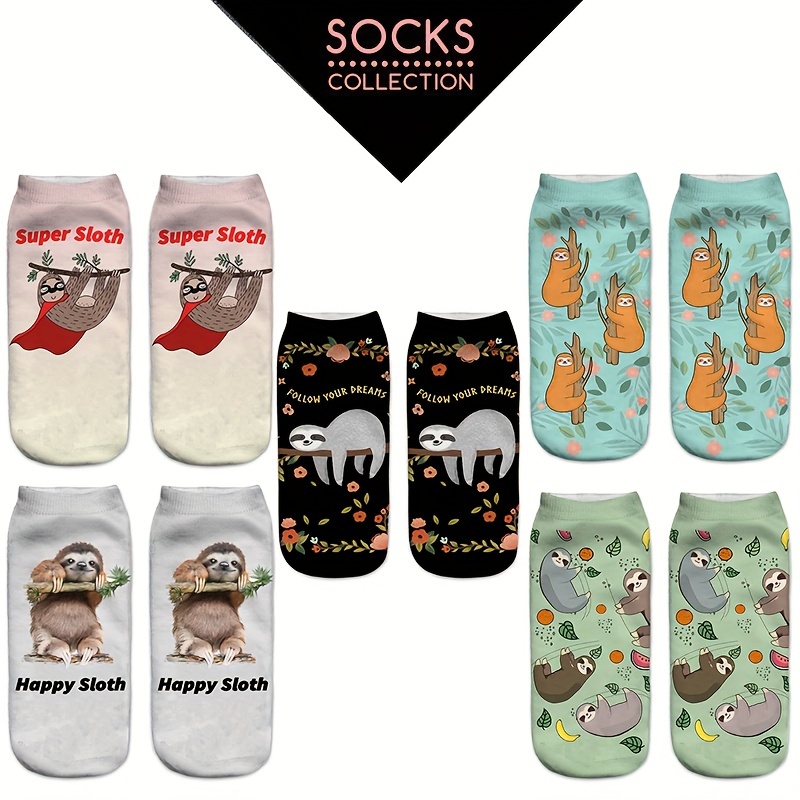 

5 Paires De Chaussettes À Imprimé Paresseux De Dessin Animé, Chaussettes Basses Confortables Et Mignonnes, Bas Et Bonneterie Pour Femmes