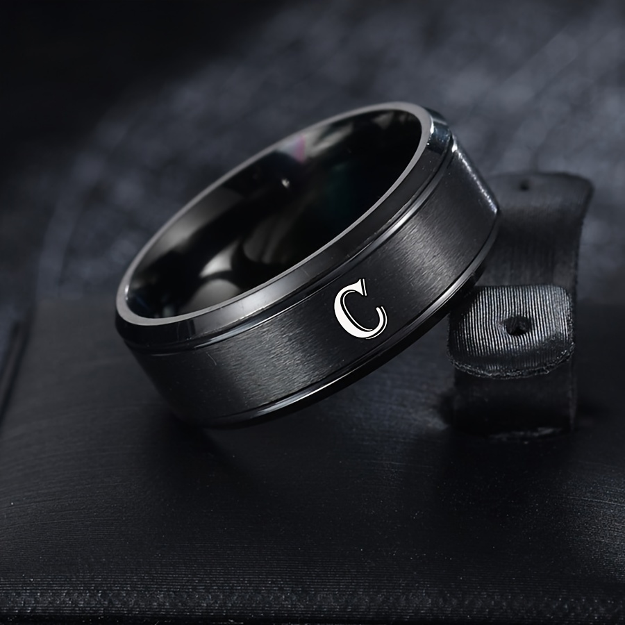 1pc European and American Fashion Versatile 26 English Letter Double Beveled Edge Matte Stainless Steel Ring for Men (B81)