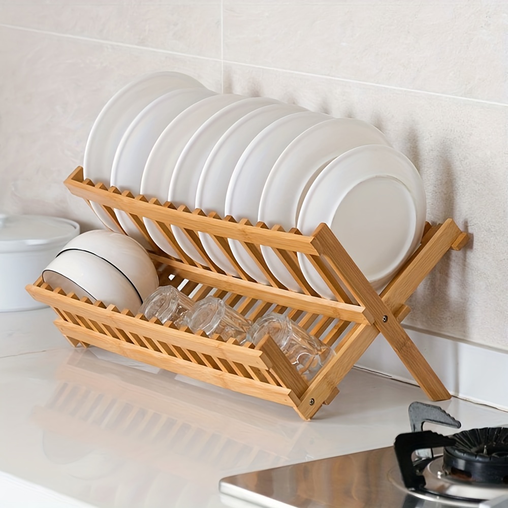Bamboo Wood Single-layer Pvc Space Aluminum Dish Rack, Large-capacity  Space-saving Dish Rack, Kitchen Counter Dish Rack, Durable, Large Space  Organizer With Drain Tray, Kitchen Supplies - Temu