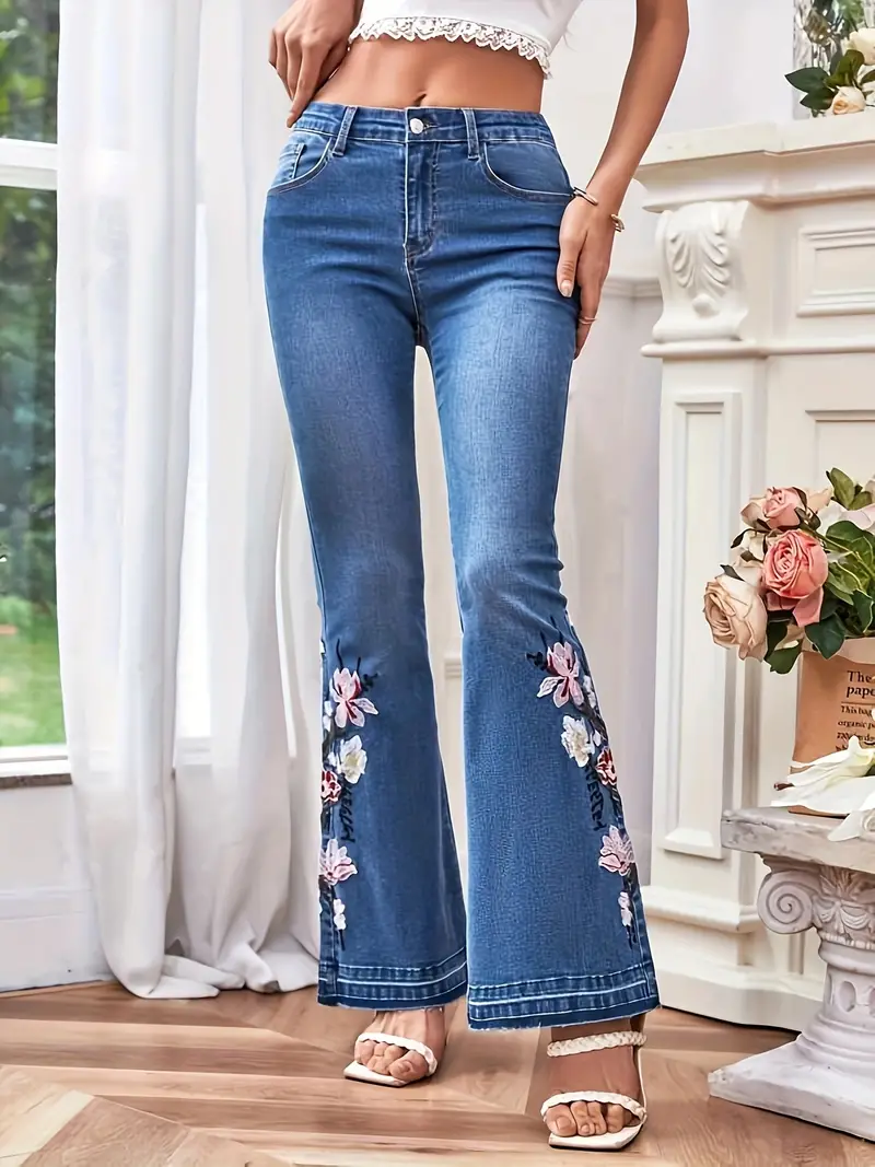 Floral Embroidered Decor Flare Jeans, Slant Pockets Mid-Stretch Niche Bell  Bottom Jeans, Women's Denim Jeans & Clothing