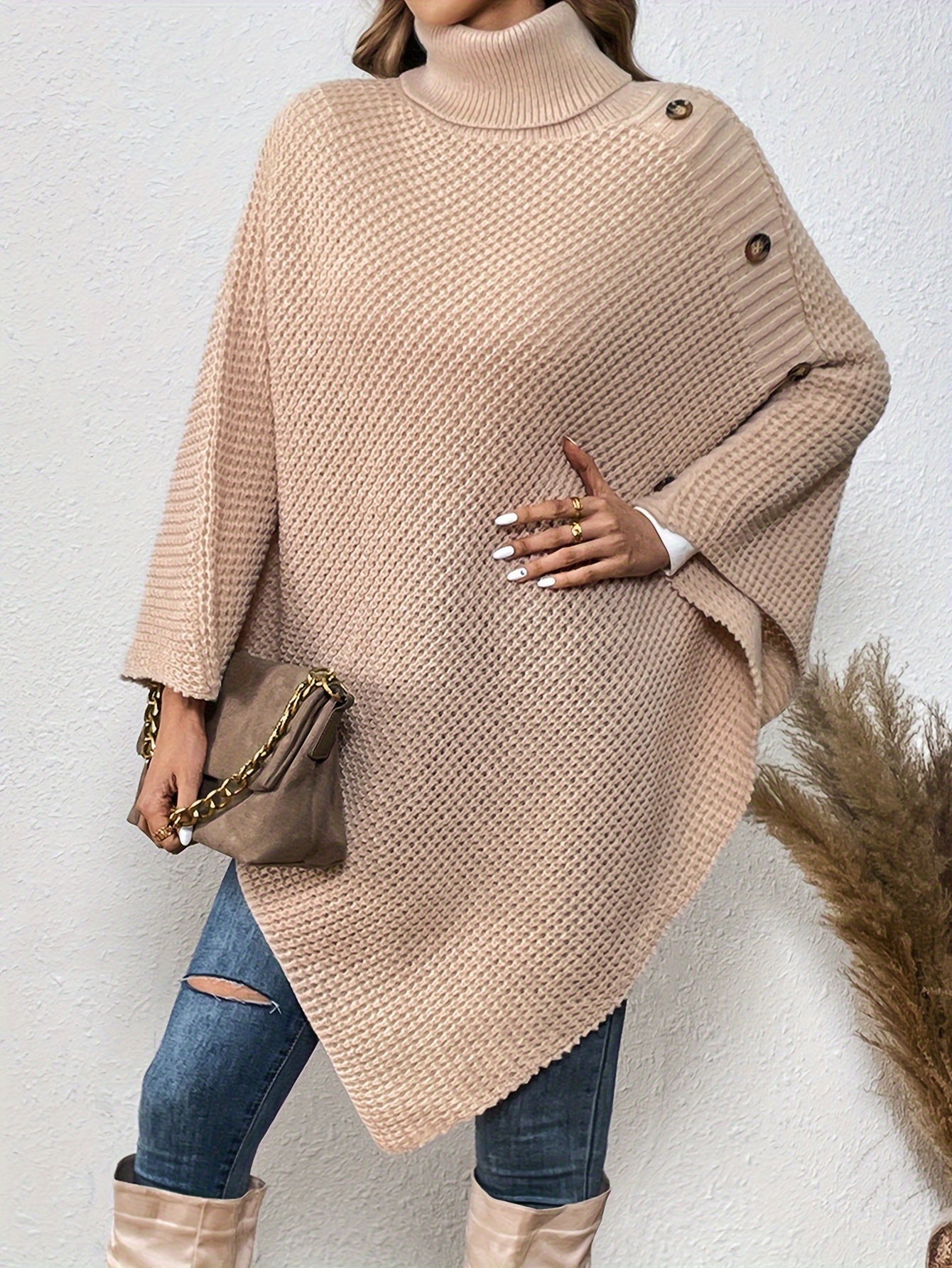 Hanky Hem Turtleneck Cape Sweater, Casual Button Decor Knit