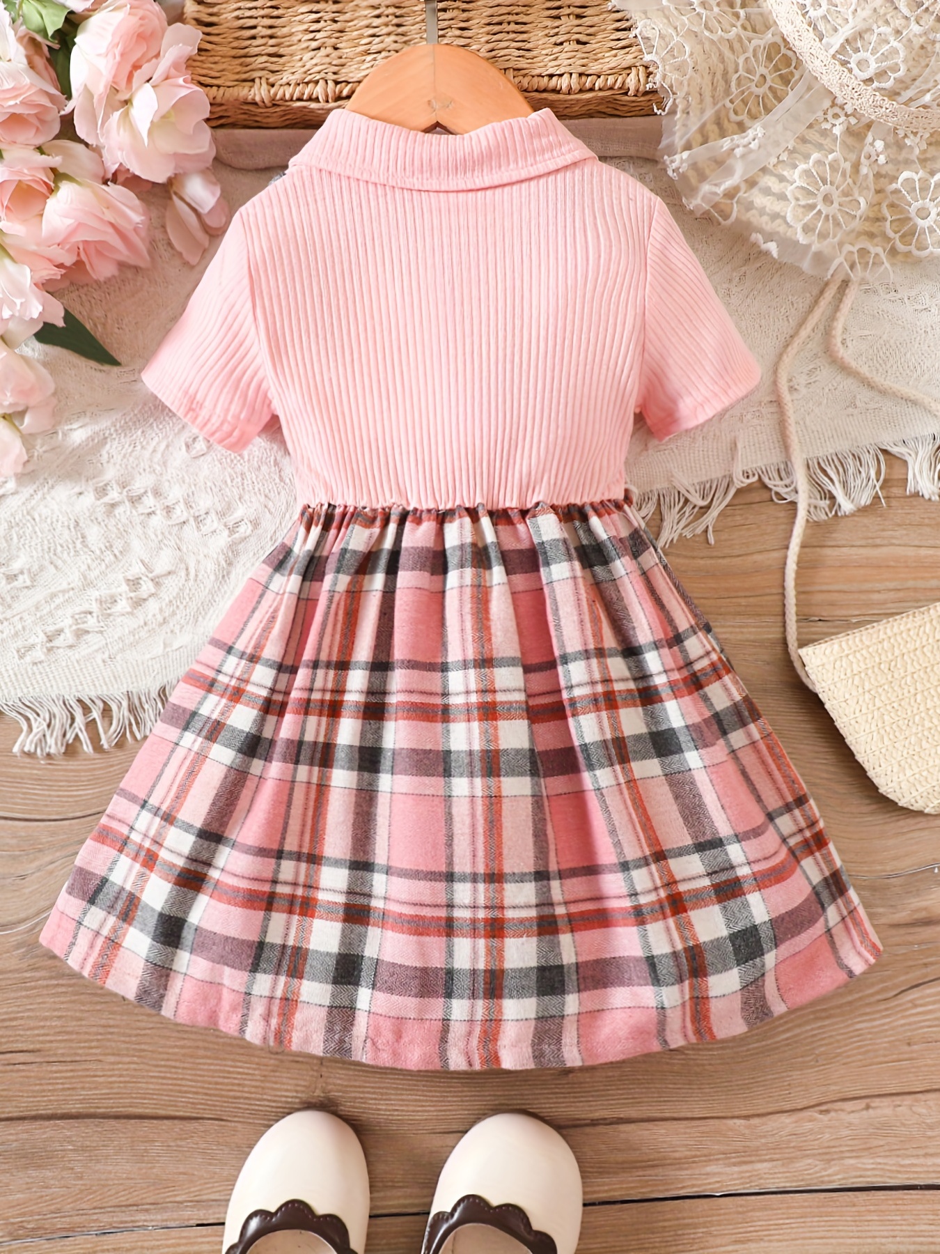 Baby Girl Ribbed Short-sleeve Splicing Plaid Belted Faux-two Dress