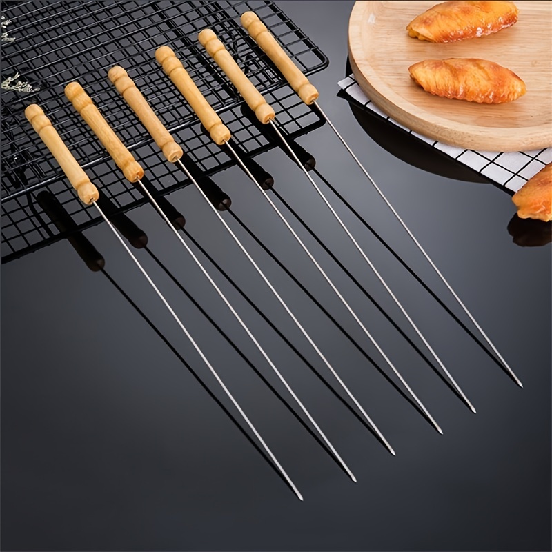 10pcs Barbecue Skewers With Wood Handle For BBQ Camping, Campfire Grill Cooking