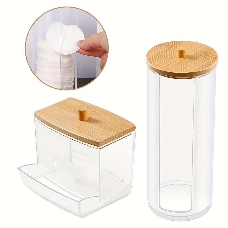 

2pcs Multifunctional Cotton Pad Holder With Bamboo Lid For Bathroom Storage - Acrylic Cotton Swab Dispenser, Clear Round Cotton Wool Bud Jar, And Plastic Cosmetics Storage Jar - Makeup Organizer Set