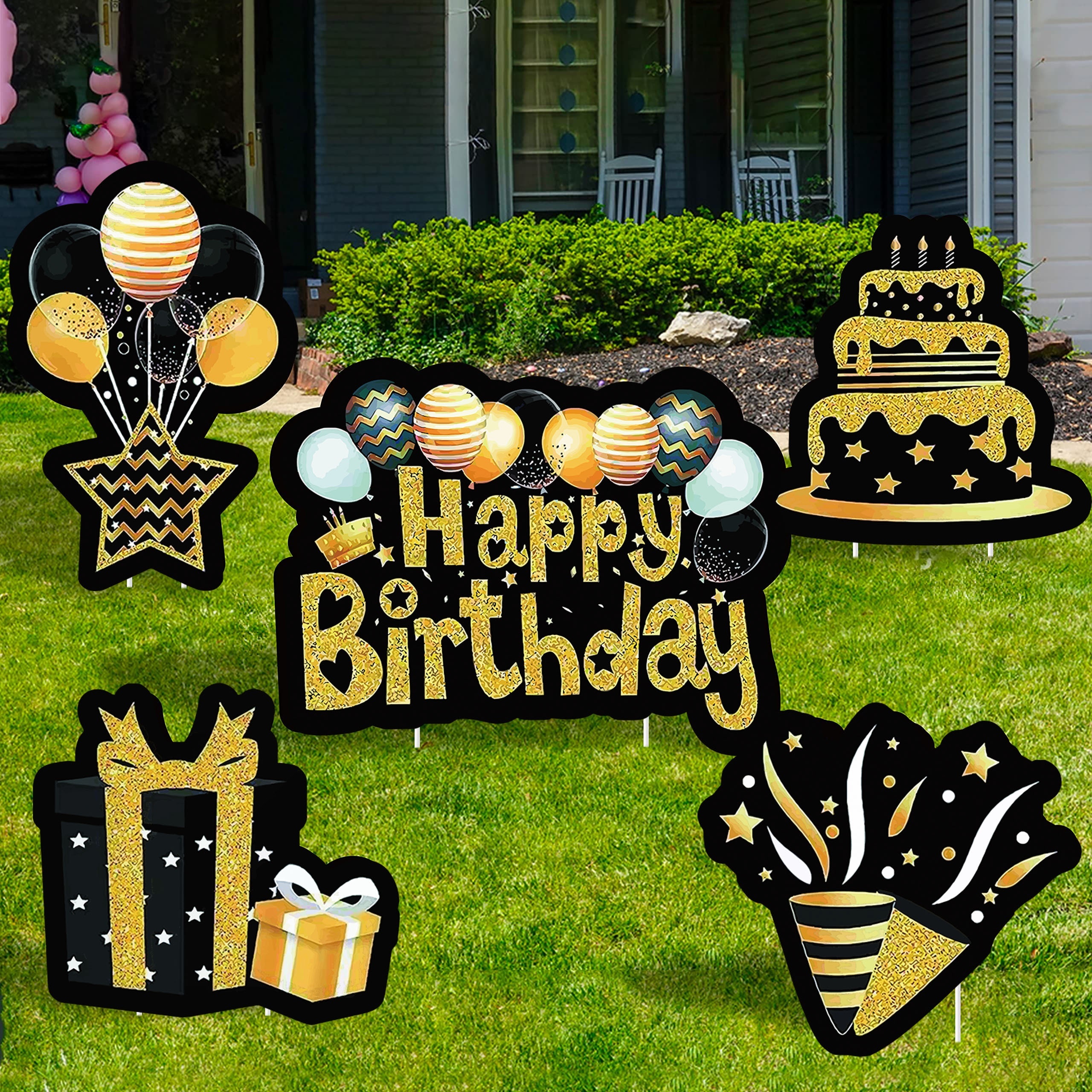 2pcs 16 Large Happy 25th Birthday Party Yard Sign Decorations for Women & Men,Black Gold 25th Birthday Yard Signs with Stakes,Weatherproof Outdoor