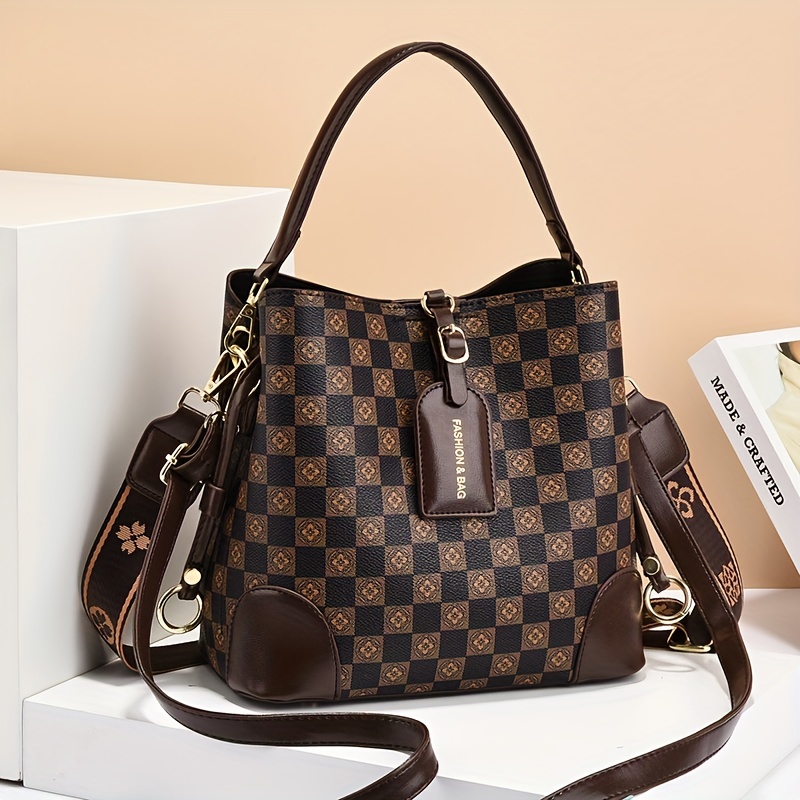 Checkerboard Pattern Bucket Bag, Retro Pu Leather Handbag, Fashion  Crossbody Bag For Women - Temu