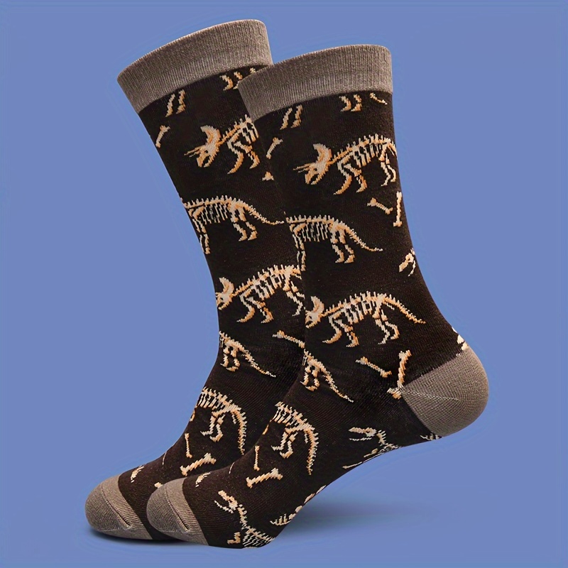 1 Pair Men' & Unisex Dinosaur Bone & Socks - Mid-calf Warm Winter Socks With Bone-themed Dinosaur Patterns, Casual Wear For & (machine Washable)