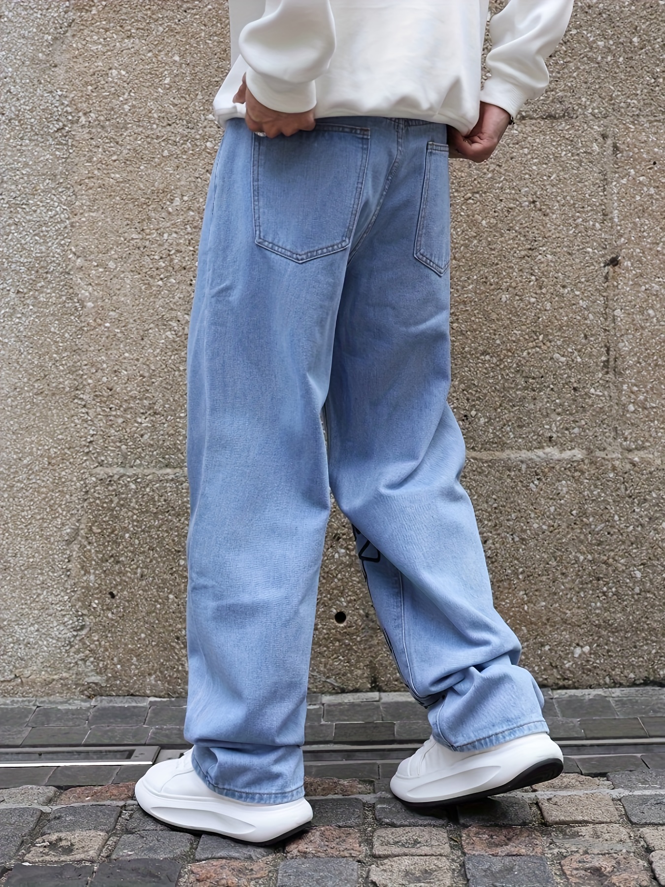 Men's Letter Print Street Style Loose Denim Trousers Fashion - Temu