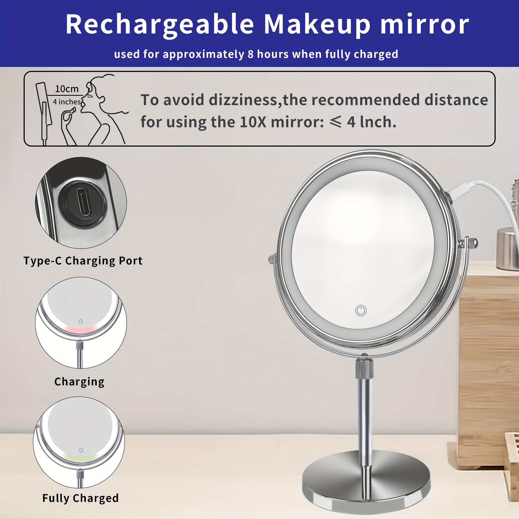  SHAUNI Espejo de maquillaje con luz y aumento, espejos de  tocador de pie de doble cara con acabado dorado de 8 pulgadas, espejos con  iluminación LED de latón con rotación de