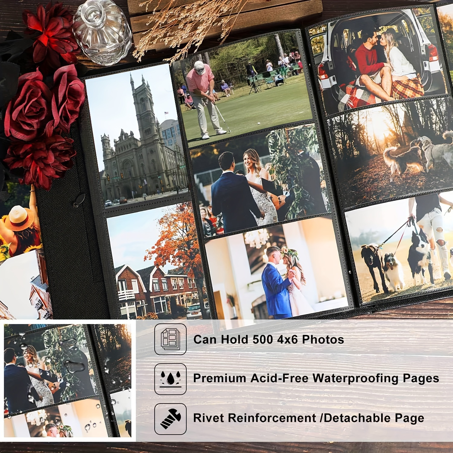 ألبوم صور مقاس 4 × 6 يحتوي على 1000 صورة جيب، ألبوم صور زفاف عائلي بسعة كبيرة جدًا يحمل 1000 صورة أفقية ورأسية باللون الأسود