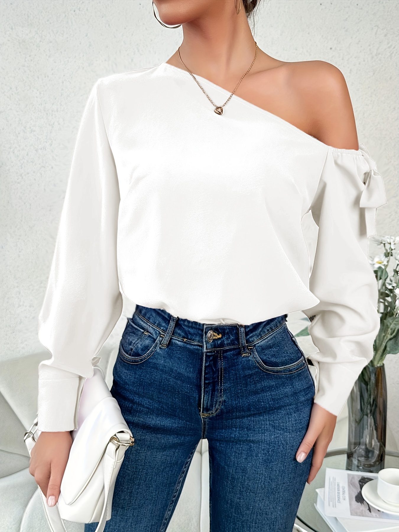 Solid Slanted Shoulder Blouse Elegant Bow Tie Long Sleeve - Temu