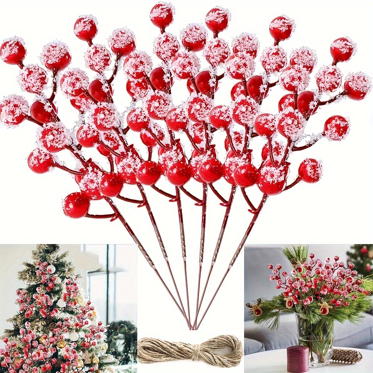 Artificial Holly Berry Stem Picks With Snowflake Glitter - Temu