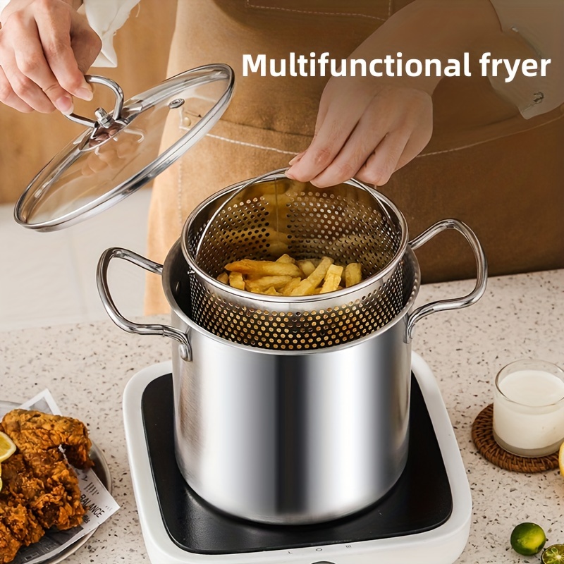1 Set Food Fryer Stainless Steel Frying Cookware Snack Fry Basket Fryer Pot  with Tong Stove Ring
