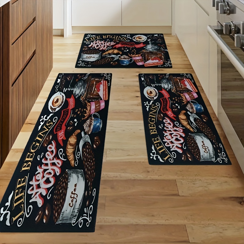 Coffee Kitchen Rugs Non-Slip Kitchen Mat Set of 2 Washable Kitchen Rug  Runner Rubber Backed Kitchen Floor Mats Coffee Decor