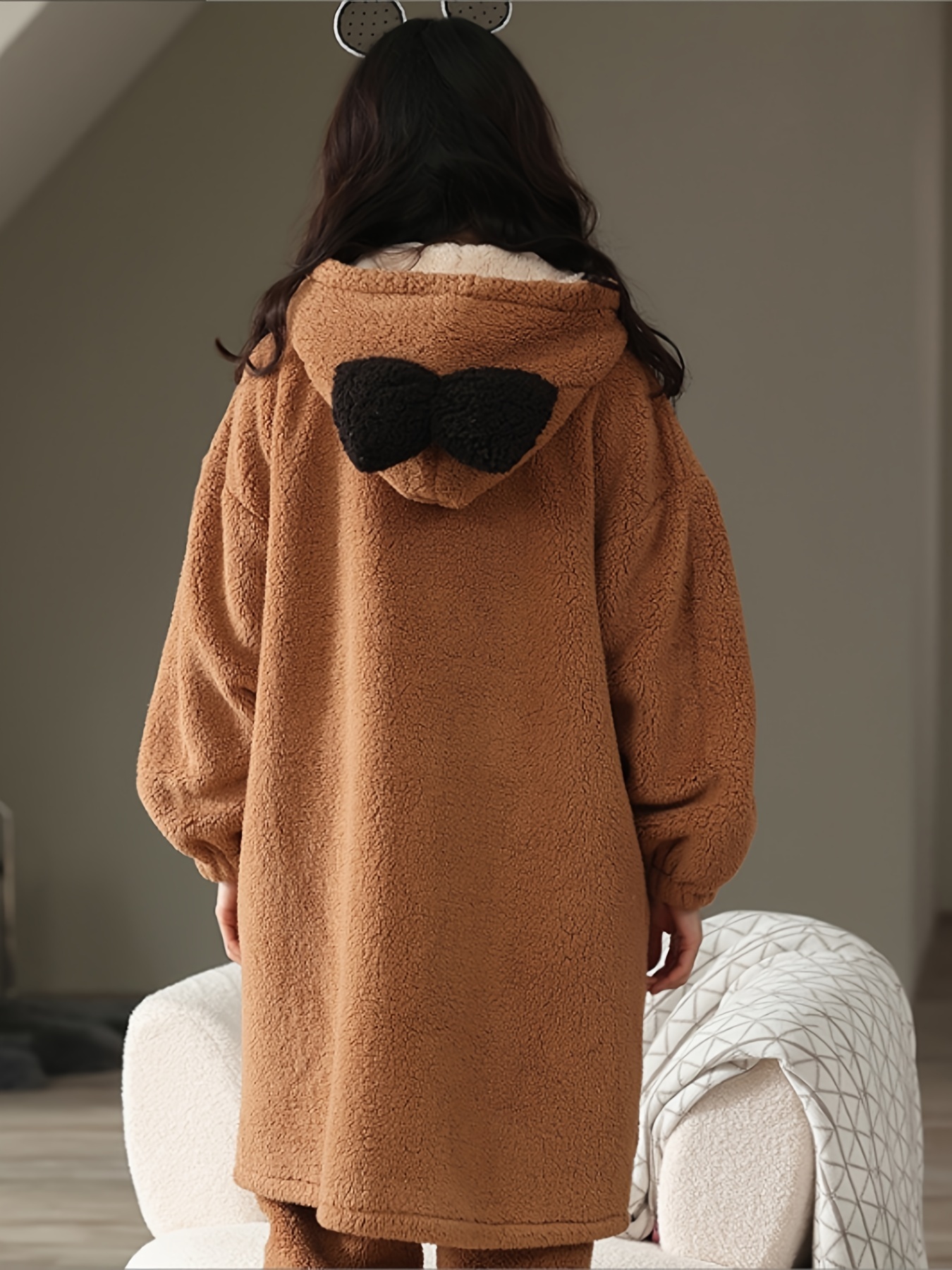 Warm Fuzzy Coral Fleece Hooded Lounge Robe Sweet Cute - Temu