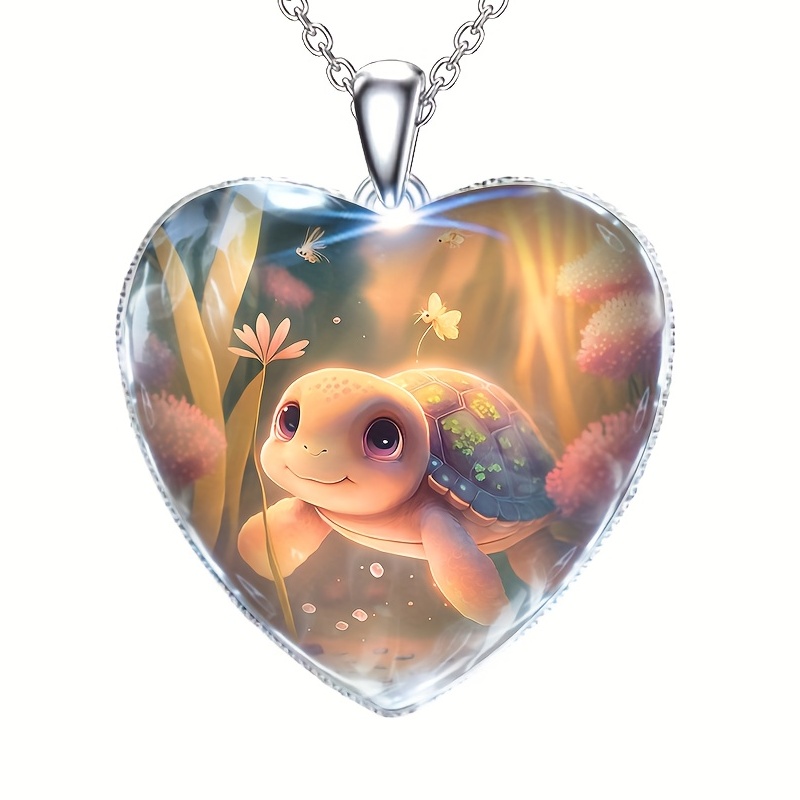 cute exquisite little turtle with flower animal detail heart shaped pendant necklace gift for teen girls 0