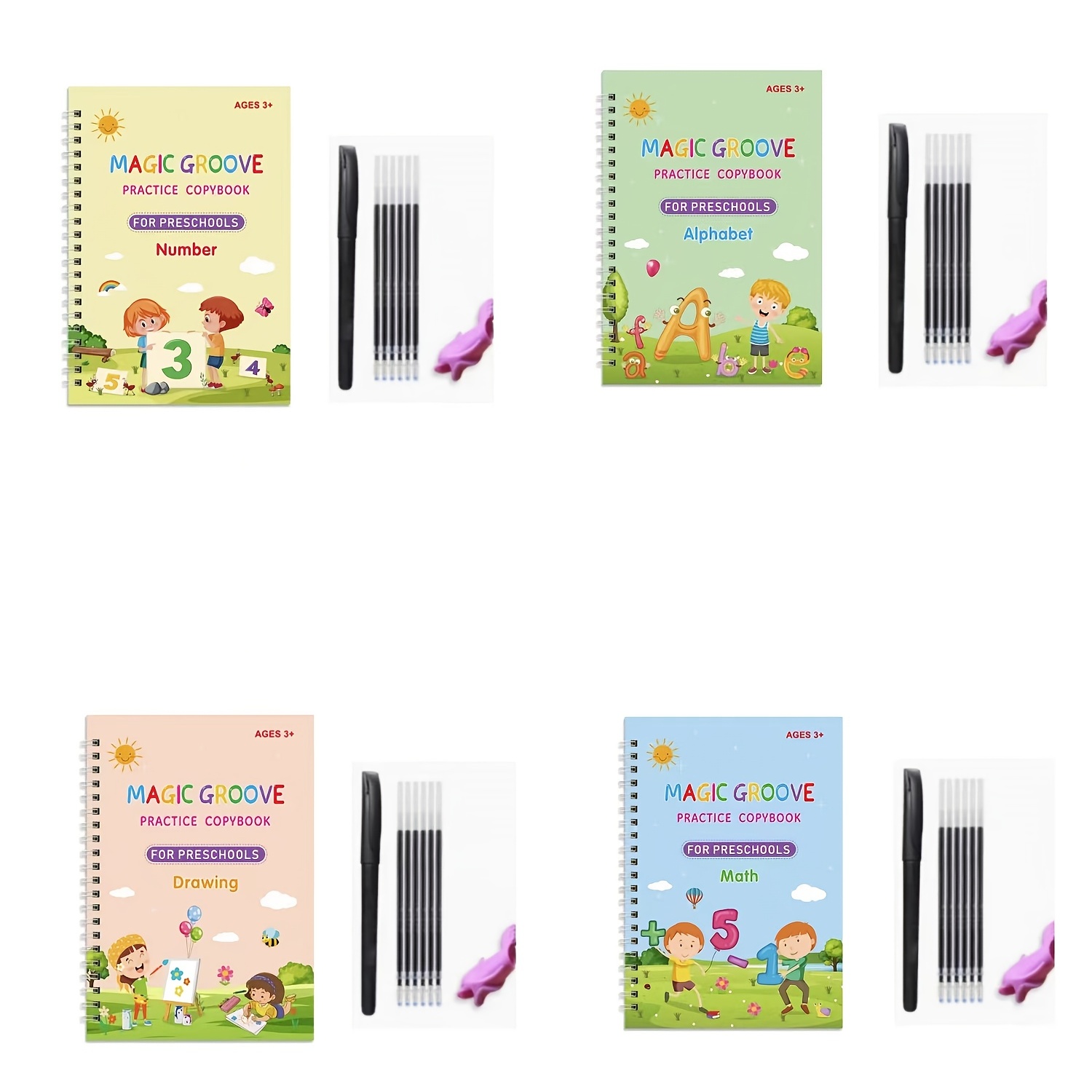 4 Pack Grooved Handwriting Book Practice, Magic Copybook With Auto