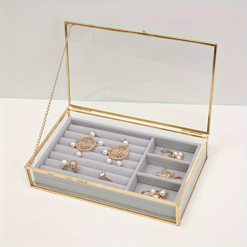 

1pc Glass Jewelry Box With Velvet Tray, Vintage Glass Trinket Organizer, Metal Treasure Chest Box, Jewelry Display Case For Ring Earring Necklace Keepsake Box, Gift For Women