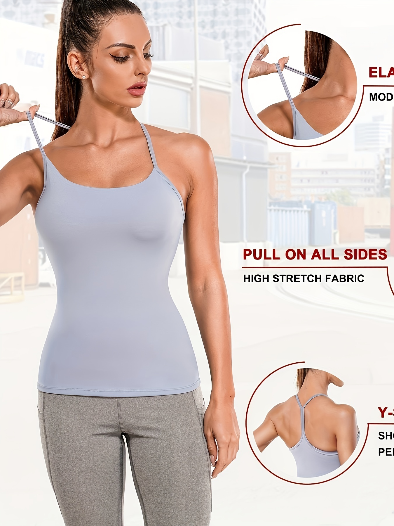 Solid Workout Tank Tops For Women, Built In Bra Cami Top Yoga Shirts,  Athletic Racerback Tank Running Sports Tops
