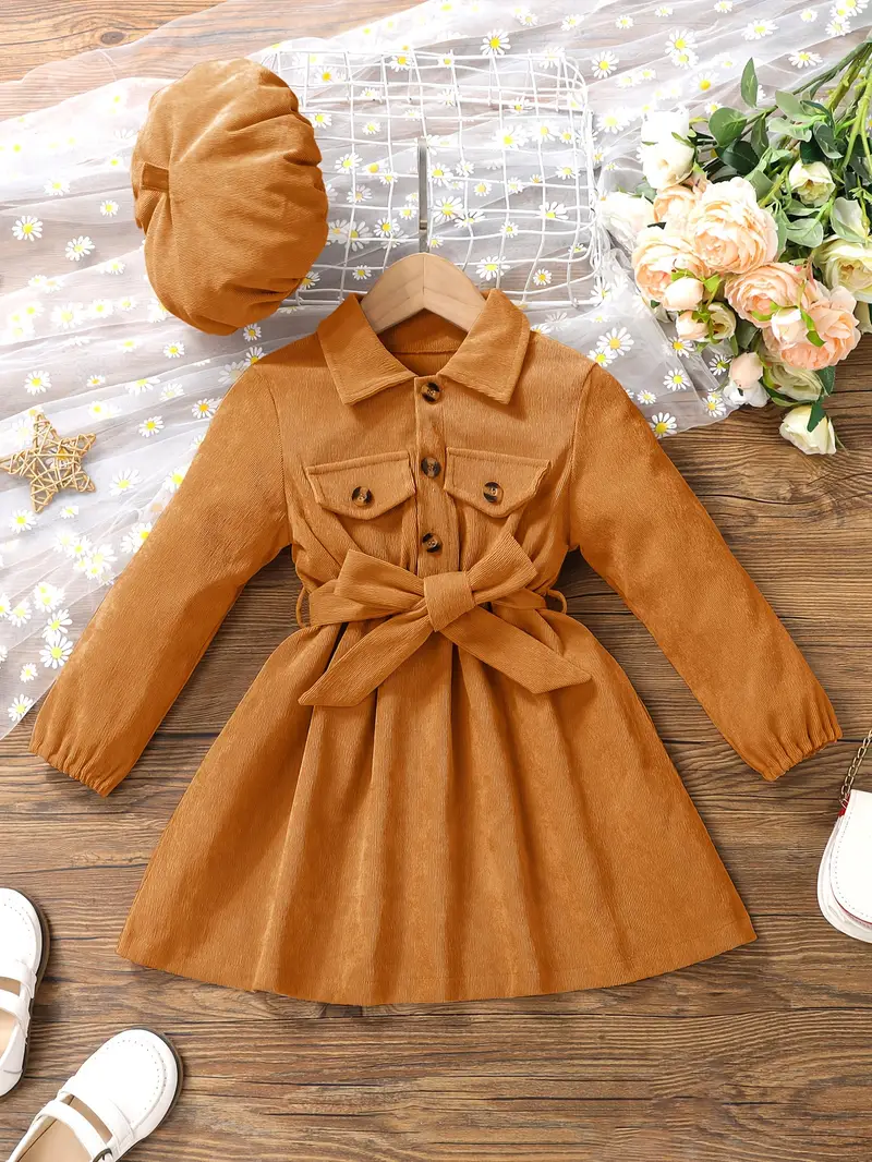 girls casual dress corduroy button front collar neck dresses with belt and hat set trendy kids autumn outfit details 46