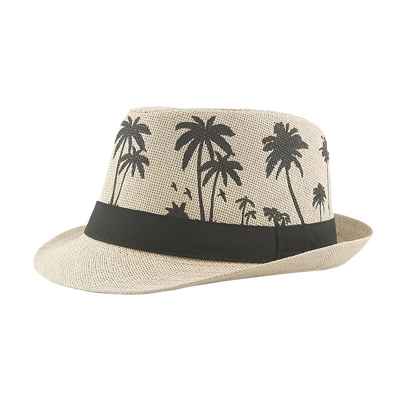 Retro Straw Fedora Hat For Men - Stylish Coconut Tree Print Sun